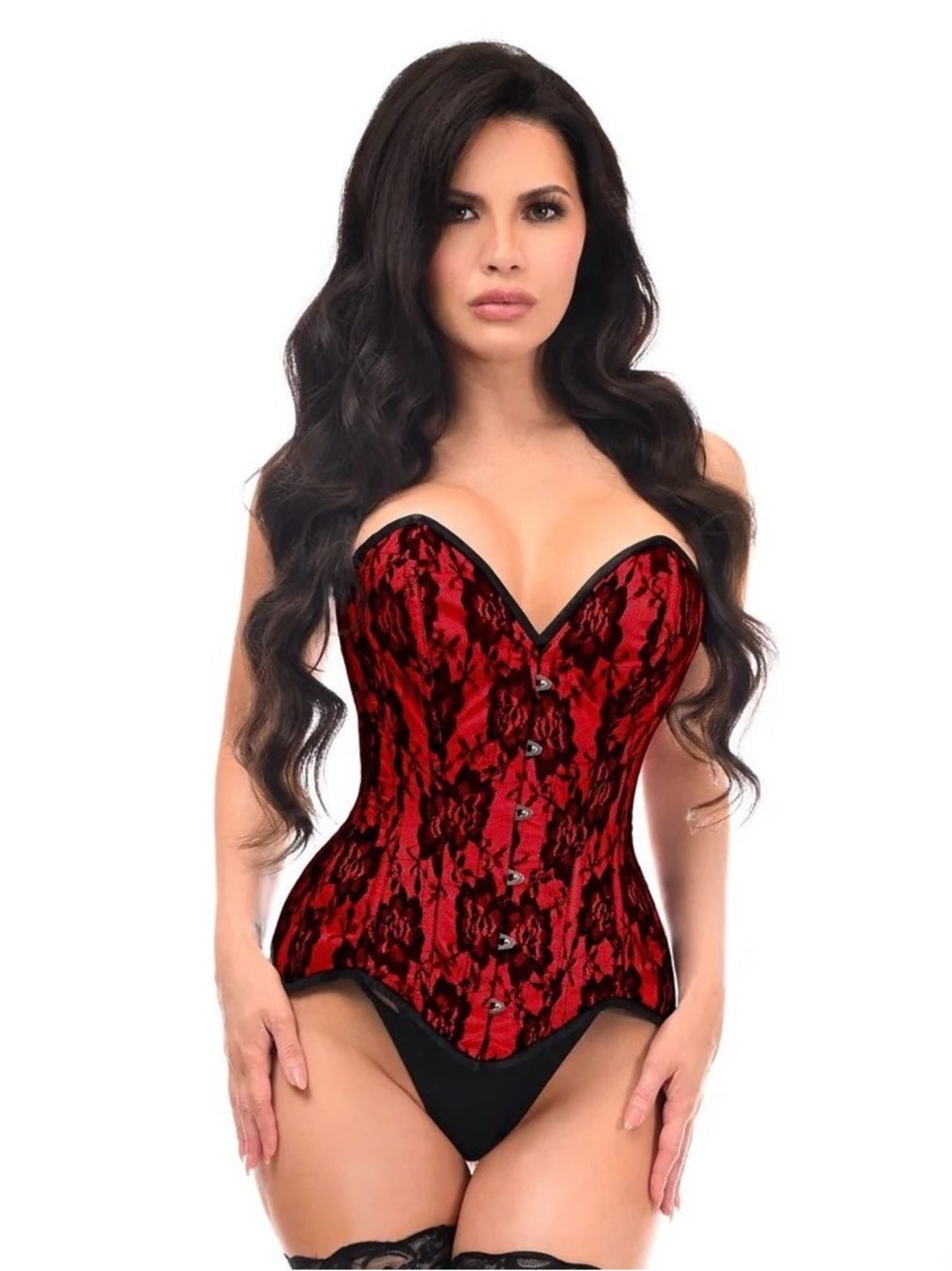 NWT Daisy Corsets Top Drawer Steel Boned Corset Red Satin Black Lace Overlay 2XL